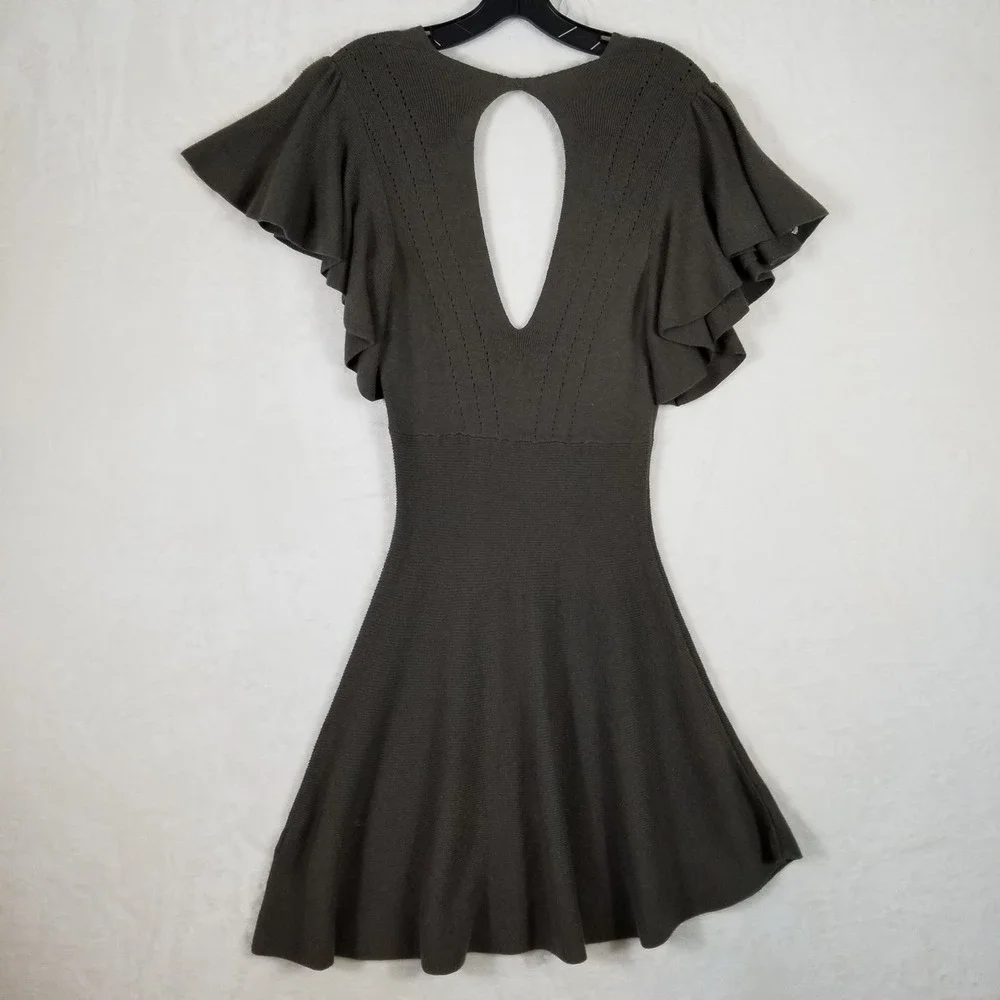 Free People Olive Green Ribbed‎ V-Neck Keyhole Back Flutter Sleeve Mini Dress S